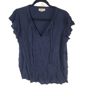 Style & Co. Womens Sz L Blue Solid Cap Sleeve Blouse